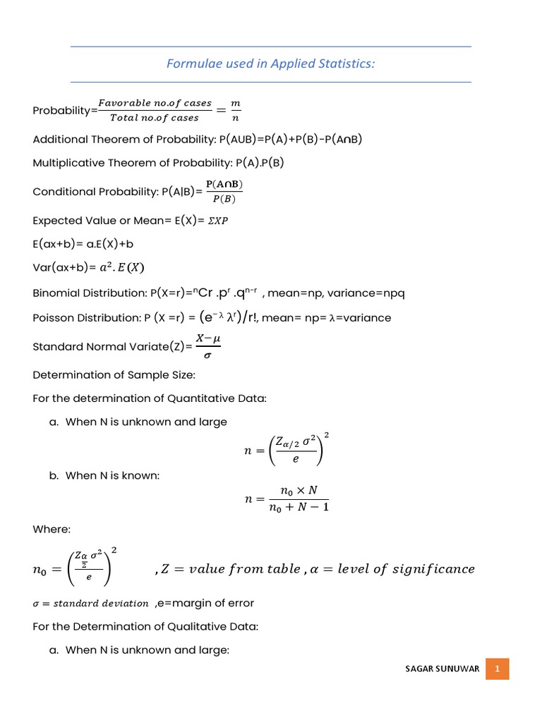 Applied Statistics Formulas and Examples | PDF | Sample Size ...