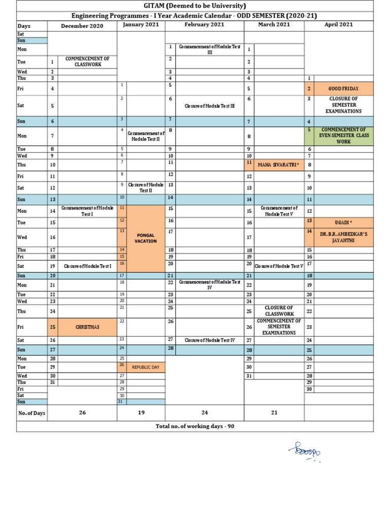 GITAM Engineering Programmes Calendar PDF Academic Term Public