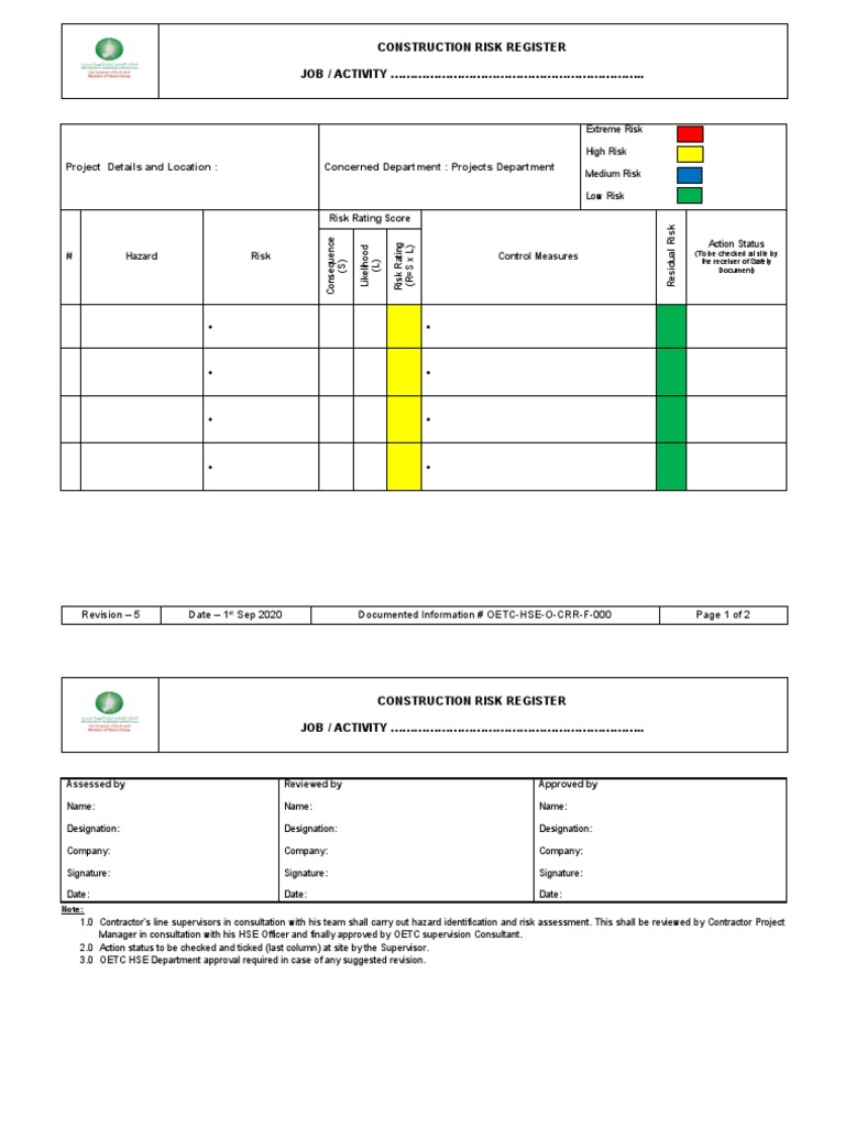 Construction Risk Register Template | PDF | Risk | Safety