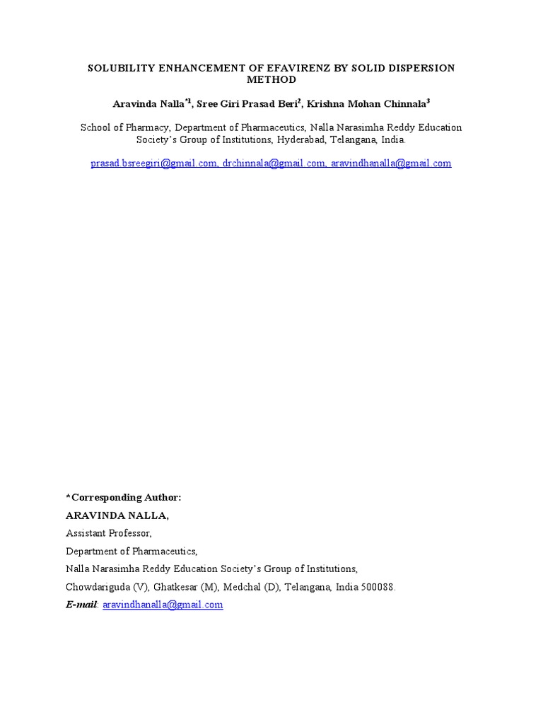 Enhancing Efavirenz Solubility via Solid Dispersion | PDF | Solubility ...