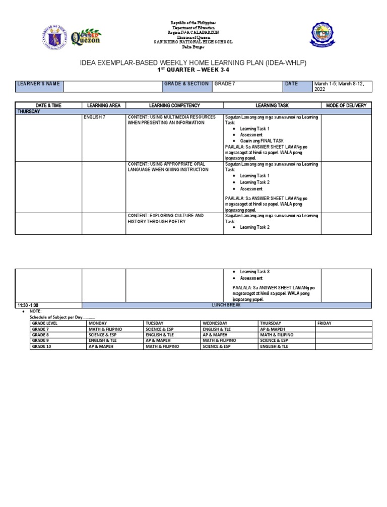 Grade 7 Weekly Learning Plan | PDF | Education Theory | Behavior ...