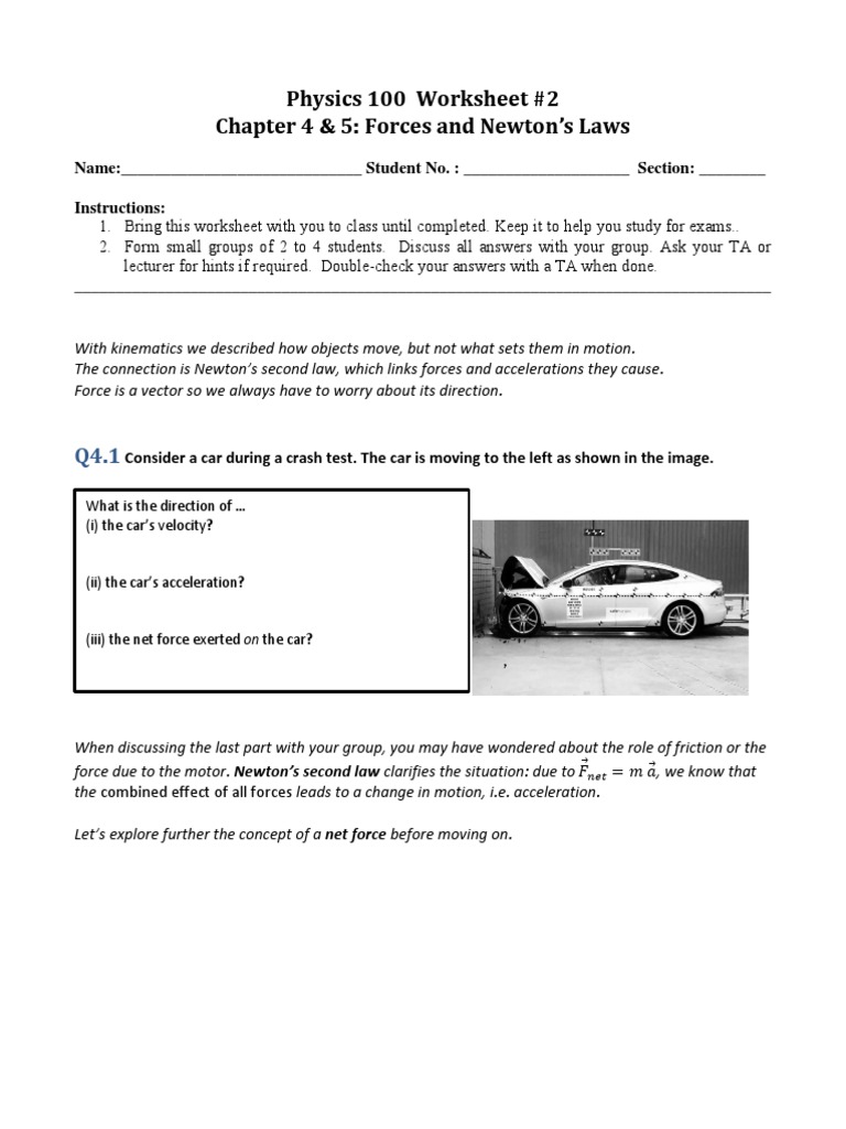 Physics 100 Worksheet #2 Chapter 4 & 5: Forces and Newton's Laws | PDF ...
