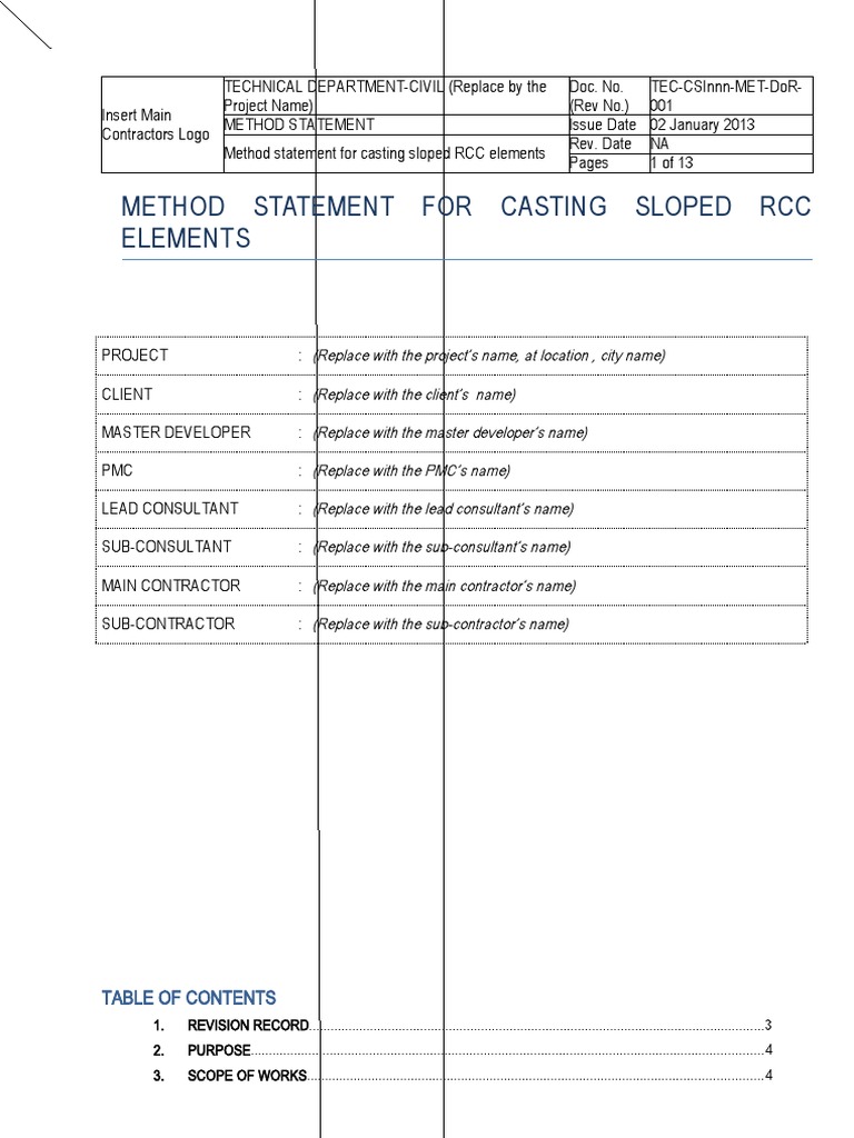 Method Statement for Sloped RCC Casting | PDF | Concrete | Structural ...