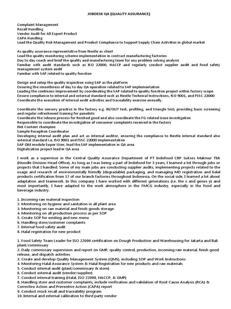 Jobdesk - (Qa) Quality Assurance | PDF | Food Safety | Audit
