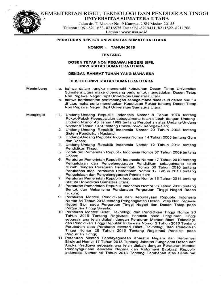 SK Rektor USU No 1 Tahun 2016 | PDF