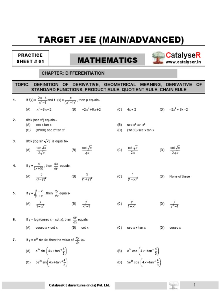JEE Differentiation Practice Questions | PDF | Derivative | Numbers