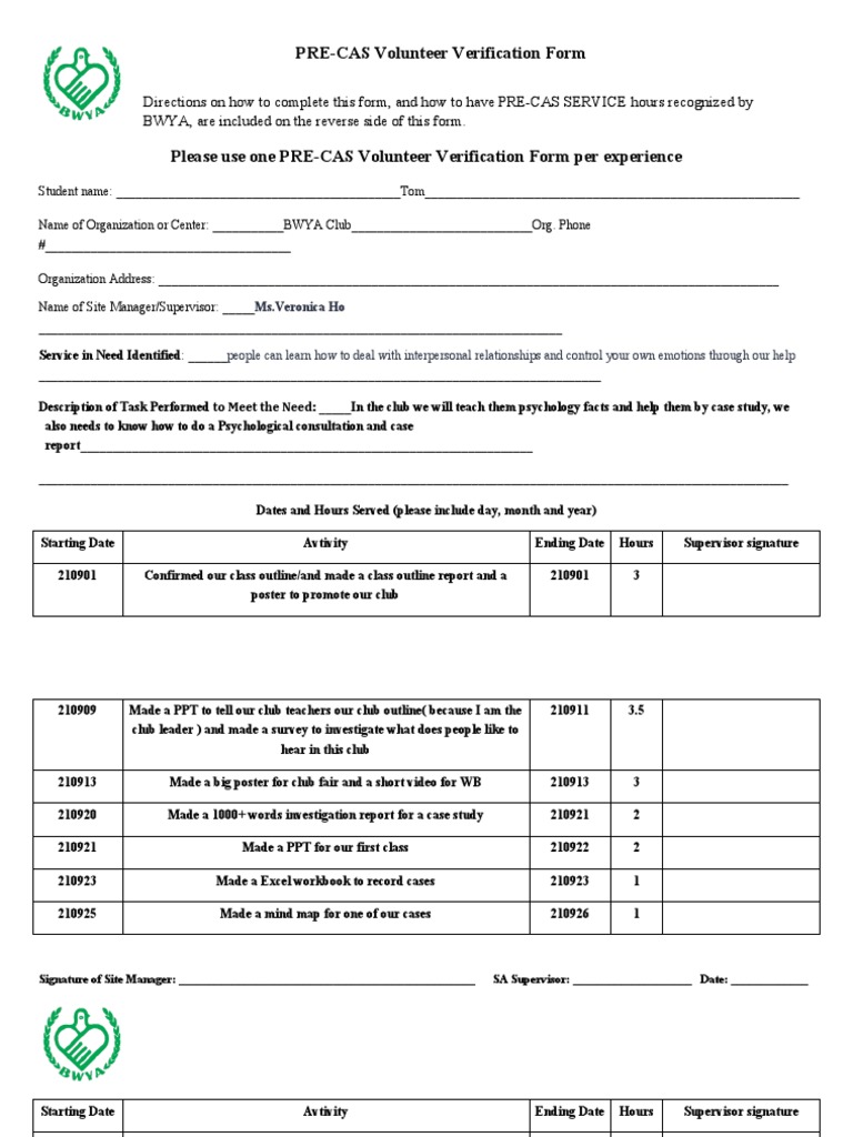 PRE-CAS Volunteer Verification Form | PDF | Mental Processes ...
