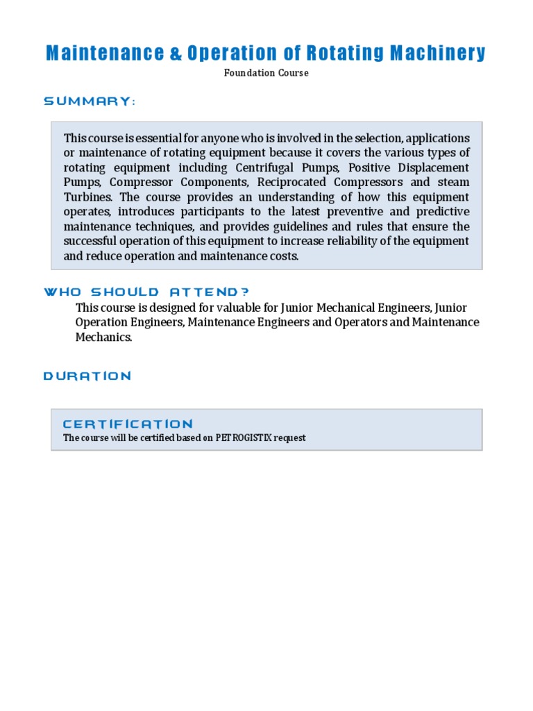 Maintenance & Operation of Rotating Machinery | PDF | Pump | Bearing ...