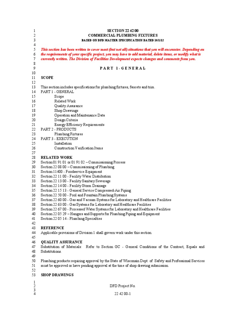SECTION 22 42 00 Commercial Plumbing Fixtures Based On DFD Master