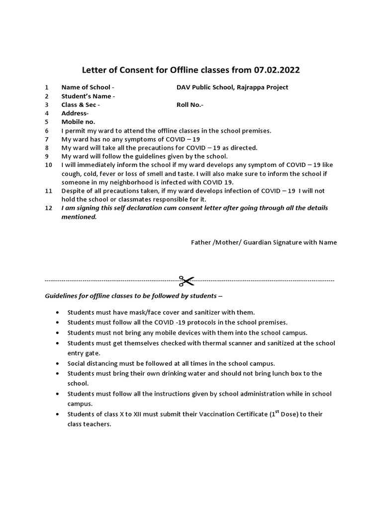 Letter of Consent For Offline Classes From 07.02.2022 | PDF