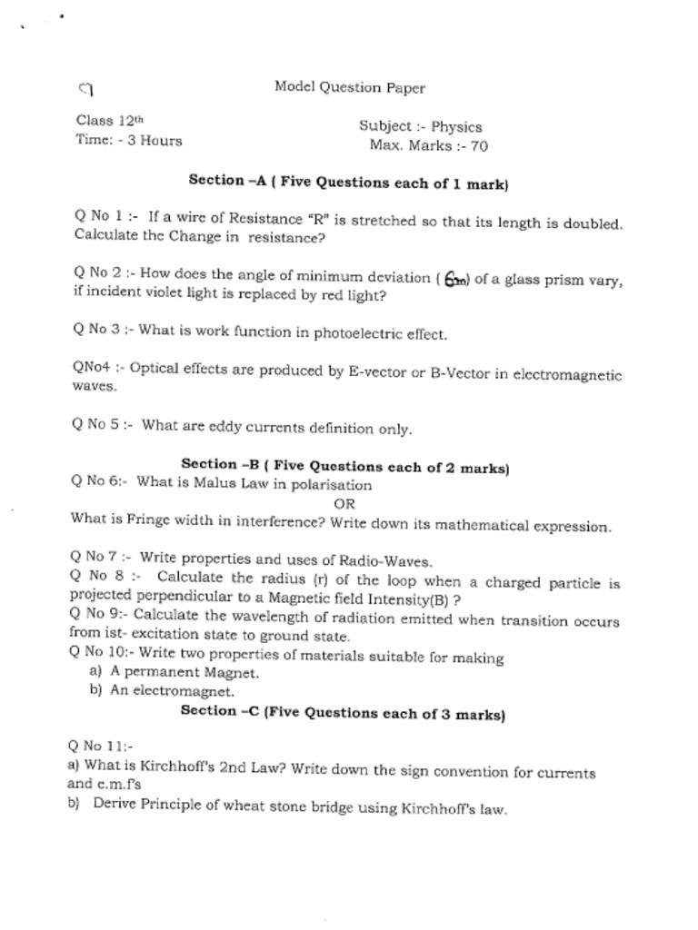 Physics Model Test Paper Class 12 TH PDF