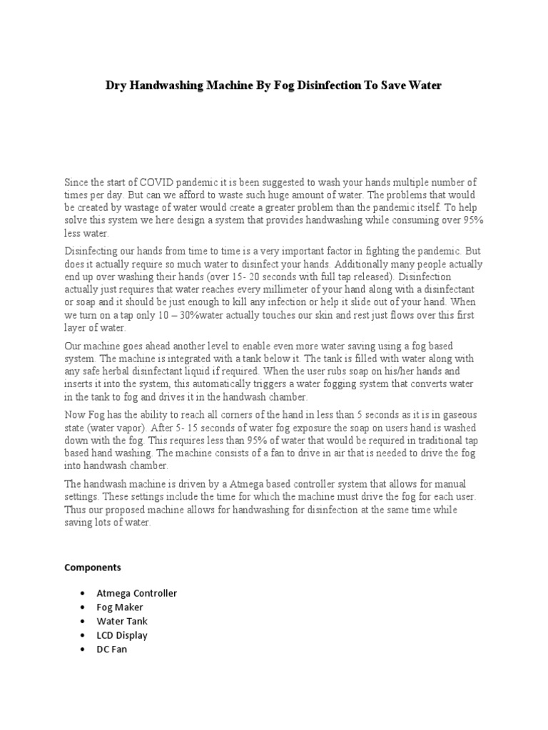Dry Handwashing Machine by Fog Disinfection To Save Water PDF Water