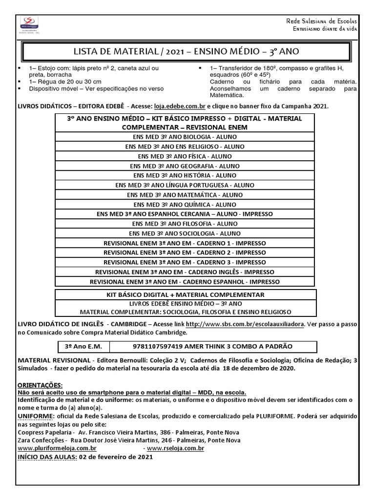Lista de material escolar para 3o ano do ensino médio | PDF