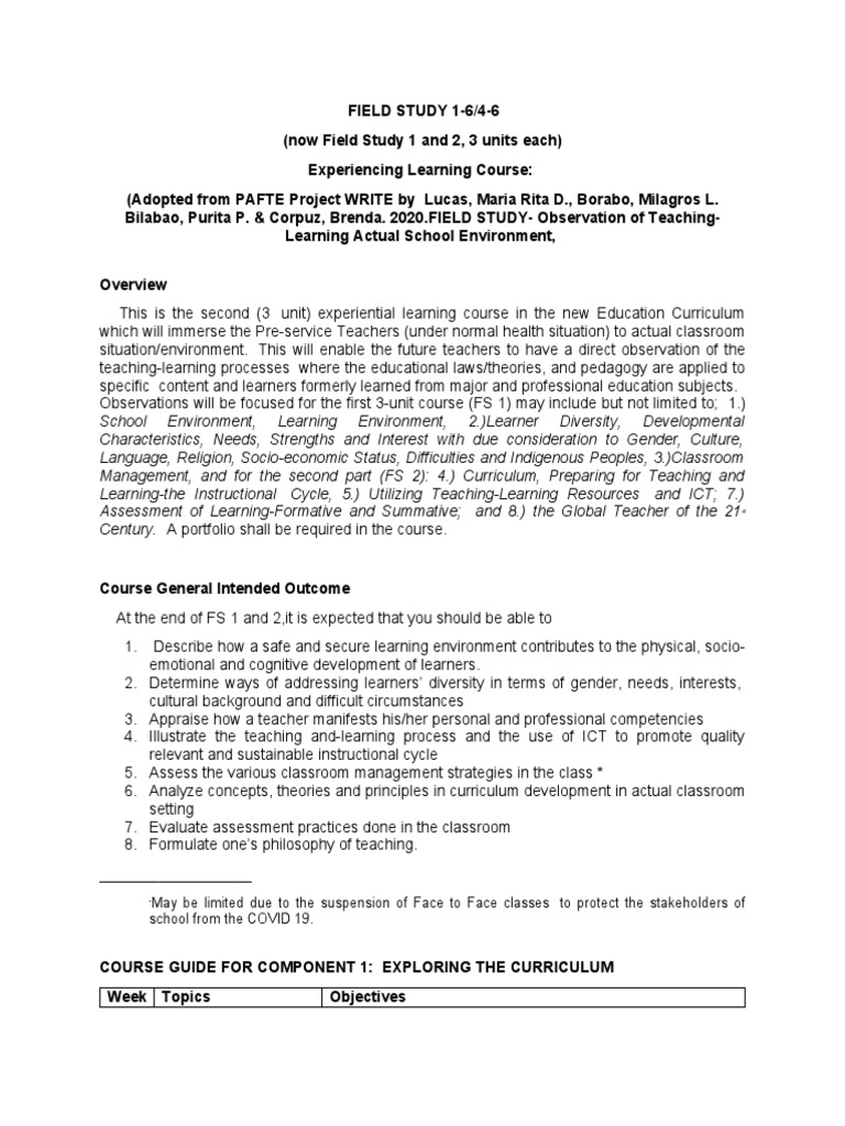 Understanding the Field Study Course Exploring the K12 Curriculum through Classroom
