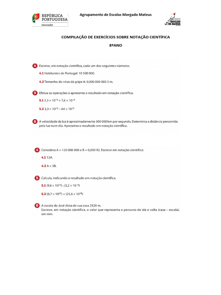 Exercícios Notação Cientifica - 8 Ano | PDF