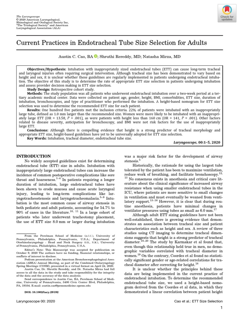 Current Practices in Endotracheal Tube Size Selection For Adults PDF