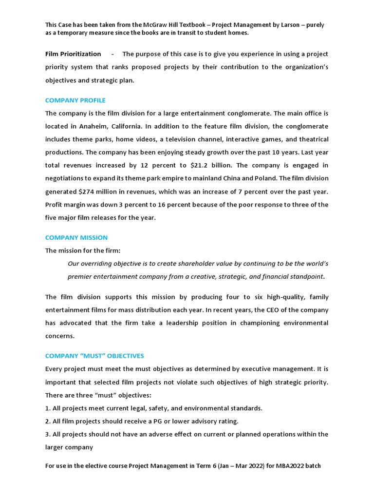 Division 2 Film Project Prioritization | PDF | Return On Investment ...