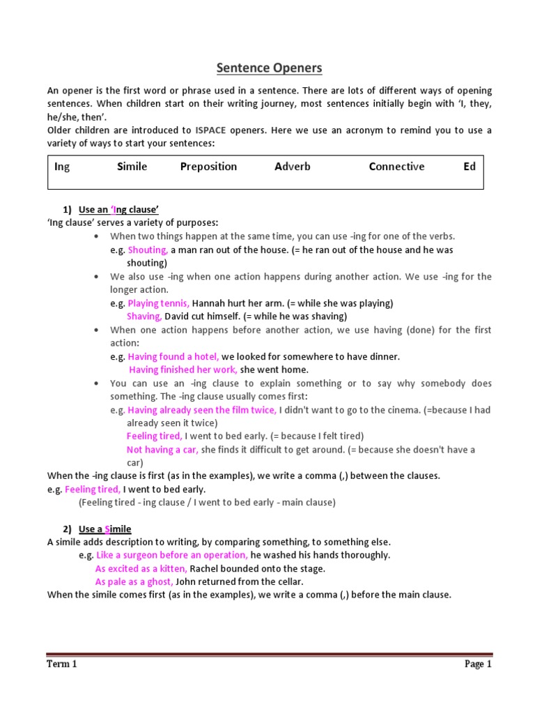 Sentence Openers: Ing Simile Preposition Adverb Connective Ed | PDF ...