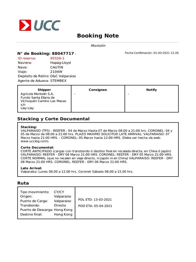 Booking de Exportación: Detalles y Fechas | PDF