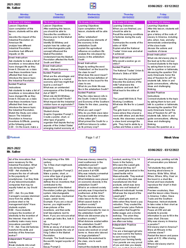 7th Grade US History: Industrial Revolution | PDF | Slavery ...