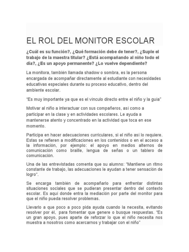 Funciones del Monitor Escolar | PDF | Comunicación | Educación especial
