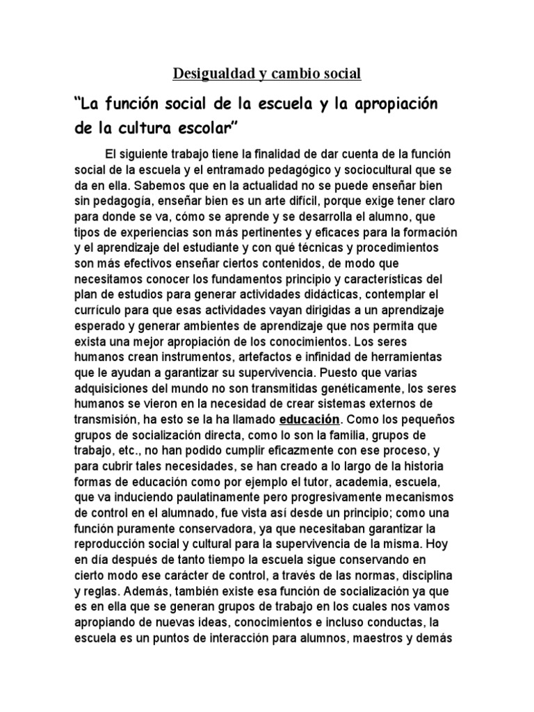 Función Social de la Escuela y Cultura | PDF | Plan de estudios ...