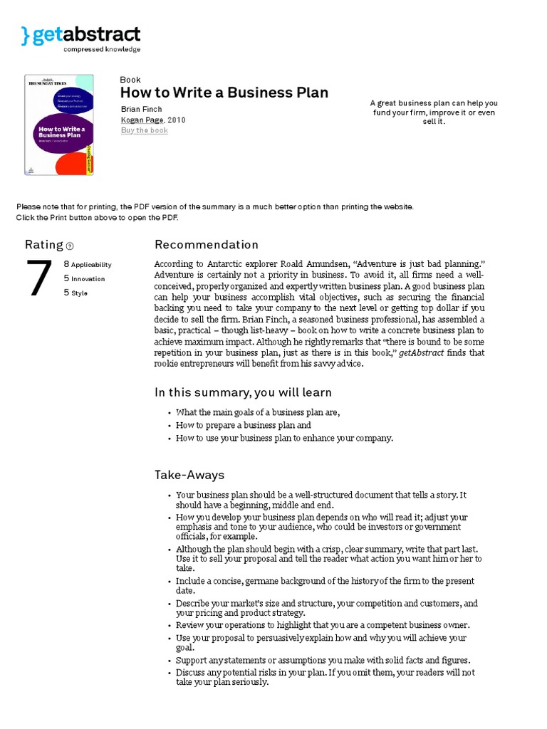 How To Write A Business Plan Summary Brian Finch | PDF | Competition ...
