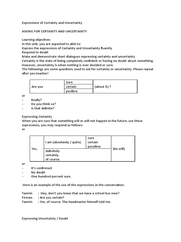 Certainty and Uncertainty Expressions Guide | PDF | Uncertainty | Certainty