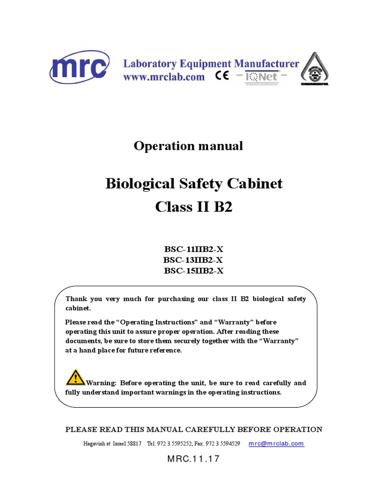 Biological Safety Cabinet Class II B2: Operation Manual | PDF ...