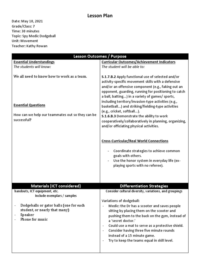 Lesson Plan Spy Medic Dodgeball PDF Lesson Plan Educational