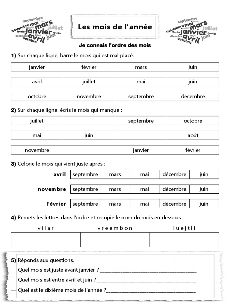 Les Mois De L année Exercices Pdf