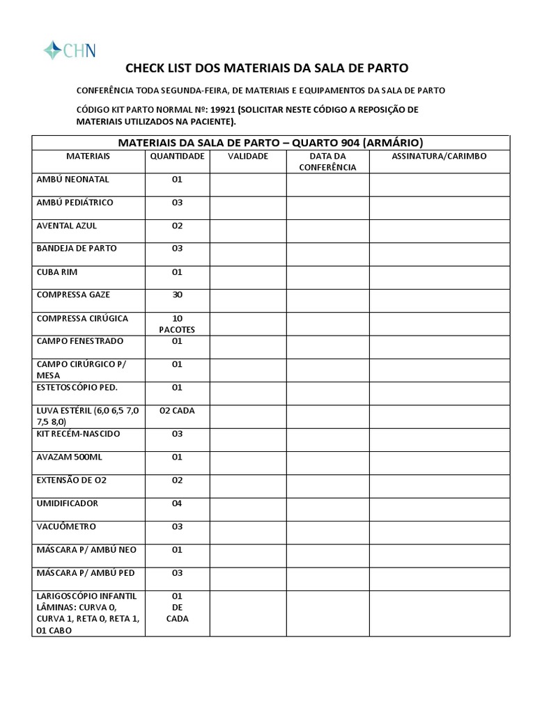 Materiais da Sala de Parto: Check List | PDF