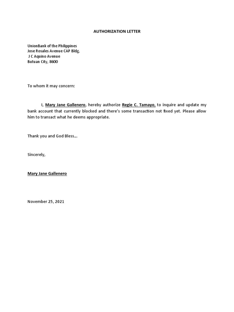 Authorization Letter: Unionbank of The Philippines Jose Rosales Avenue ...