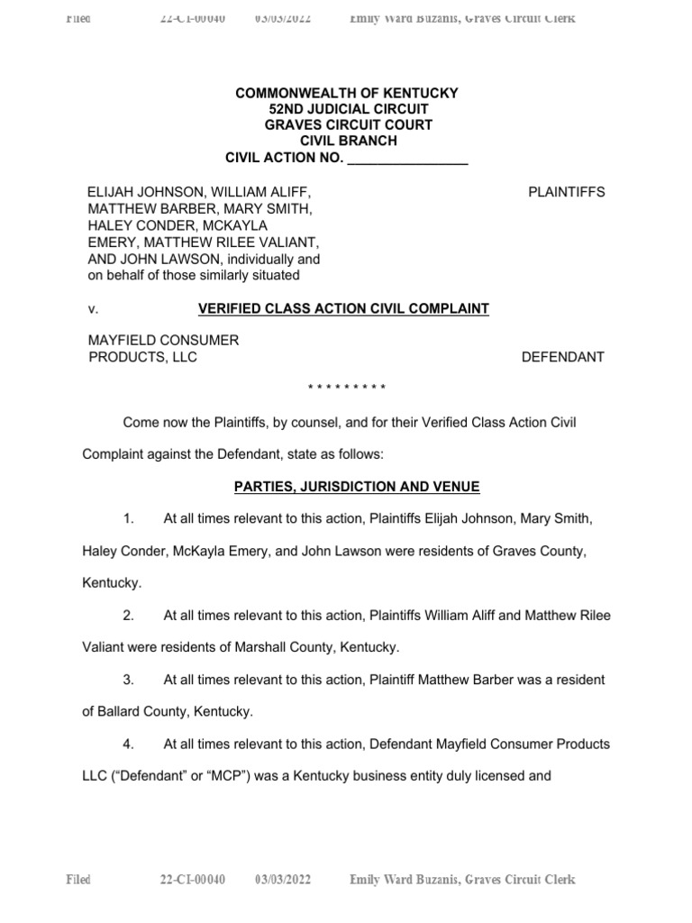 Mayfield Candle Factory Lawsuit Filed 3.3.22 PDF Lawsuit Class Action