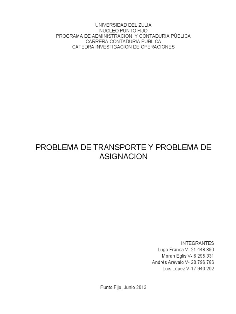 Problemas de Transporte y Asignación | PDF | Matriz (Matemáticas ...