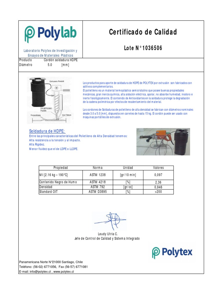 Certificado de Calidad de Soldadura OT 1036506 PDF Polietileno Construcción