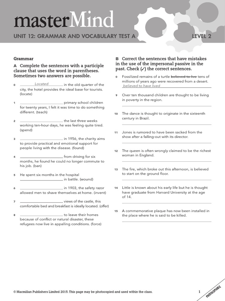 MasterMind 2 Unit 12 Grammar and Vocabulary Test A | PDF