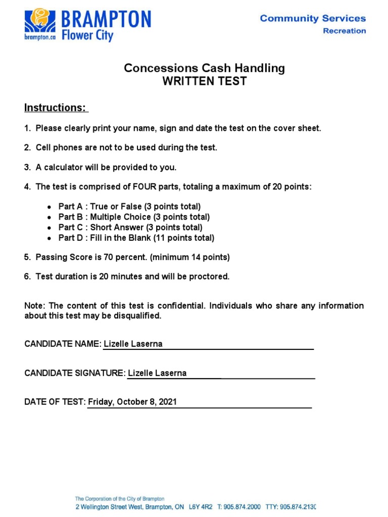 Cash Handling Test Concessions PDF Multiple Choice Canadian Dollar