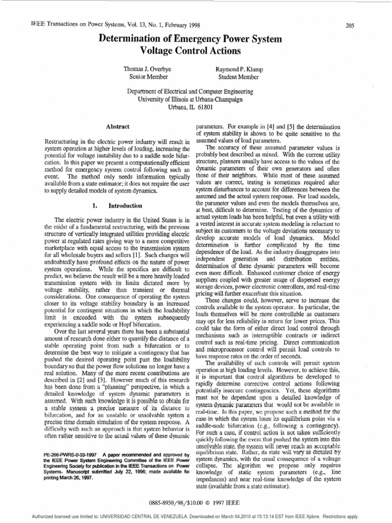 Determination of Emergency Power System Voltage Control Actions PDF Eigenvalues And