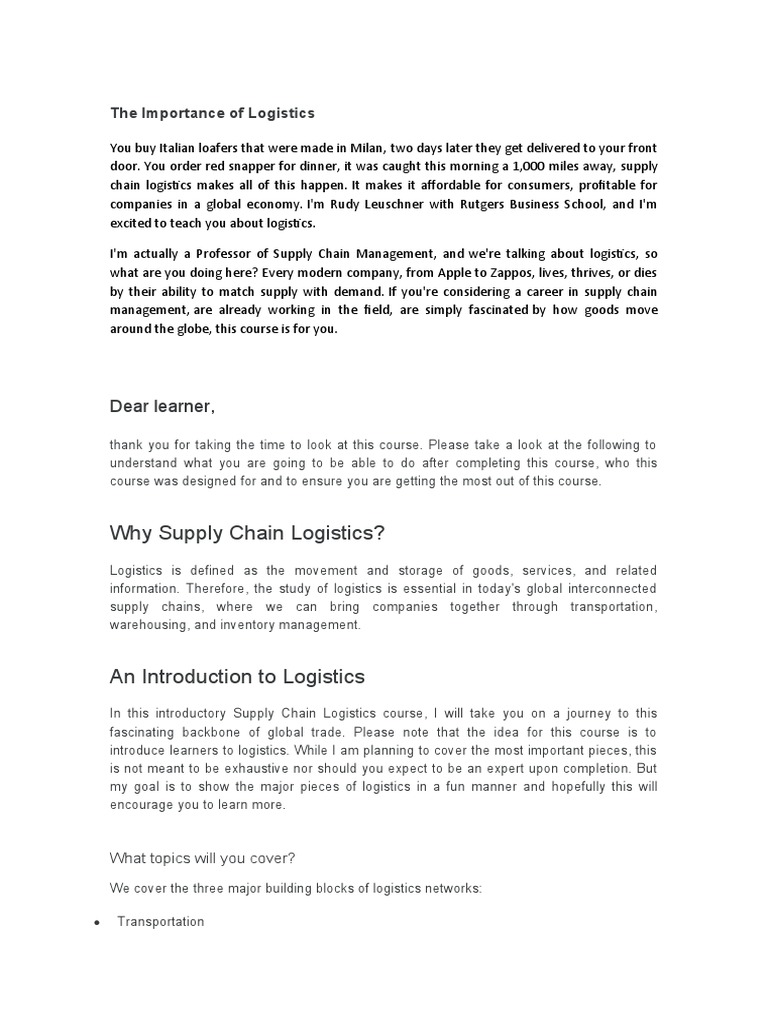 Introduction to Supply Chain Logistics | PDF | Logistics | Supply Chain ...