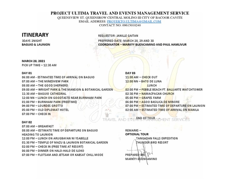 Itinerary 3D2N Baguio and Launion Exclusive | PDF
