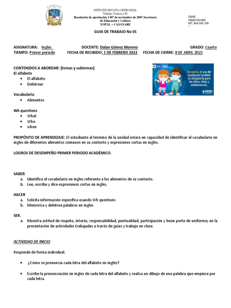 Guia de Ingles Grado 4 Periodo I | PDF