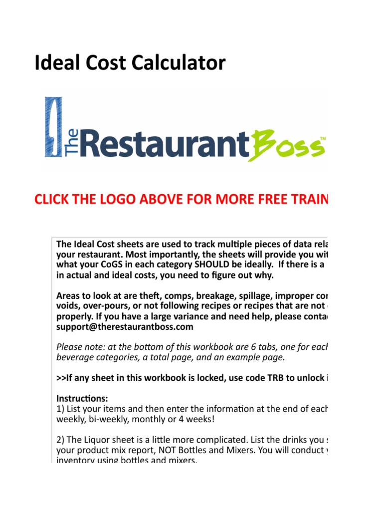 The Restaurant Boss Toolkit Ideal Cost Calculator PDF Fermented