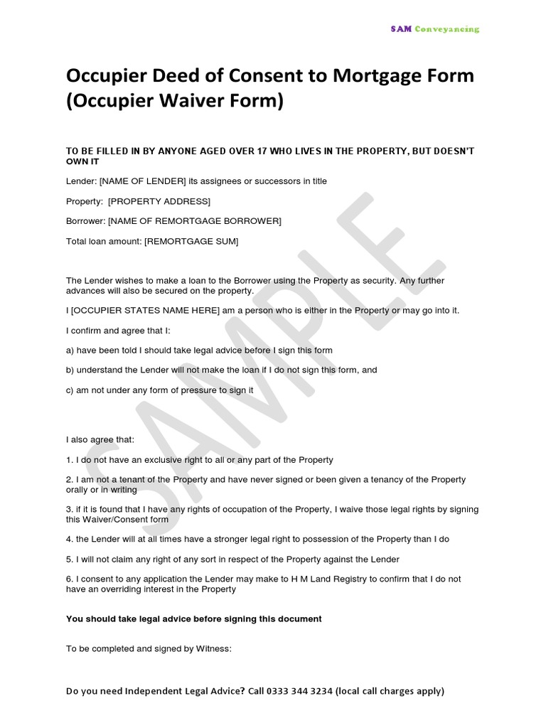 Sample Occupier Consent Form Template PDF Loans Mortgage Law