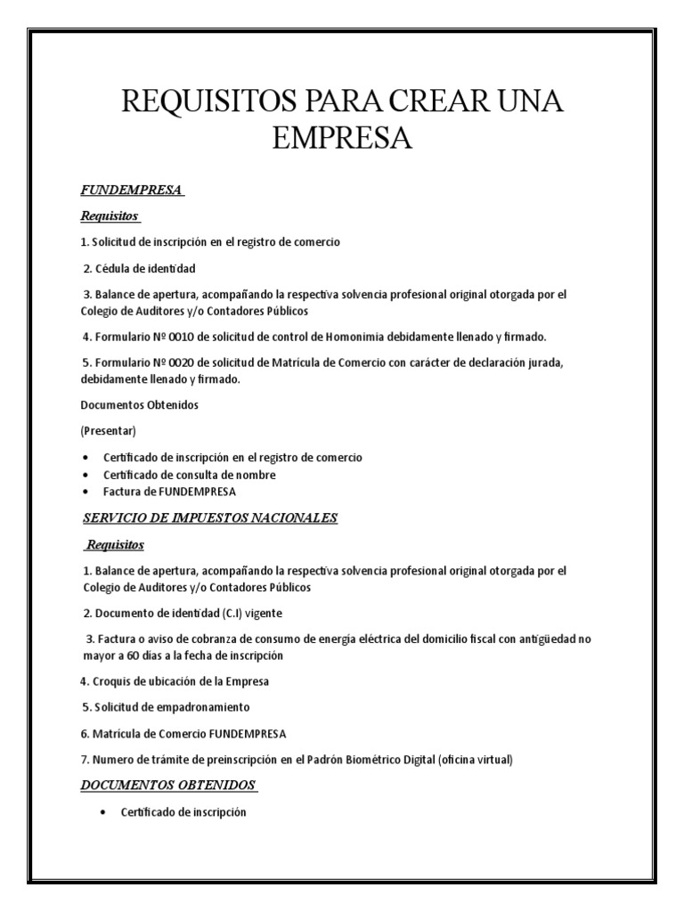 Requisitos para Crear Una Empresa | PDF | Certificado de nacimiento ...
