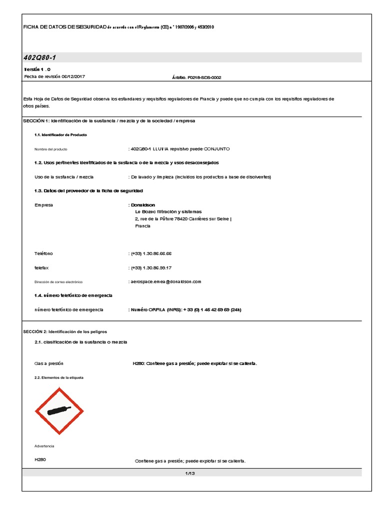 Ficha de Seguridad 402Q80-1 | PDF | Ciencias fisicas | Química