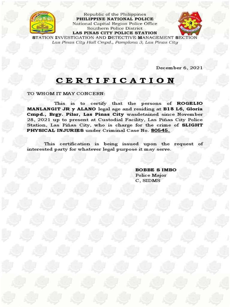 Certificate of Detention (New) PDF Law Enforcement Crime & Violence