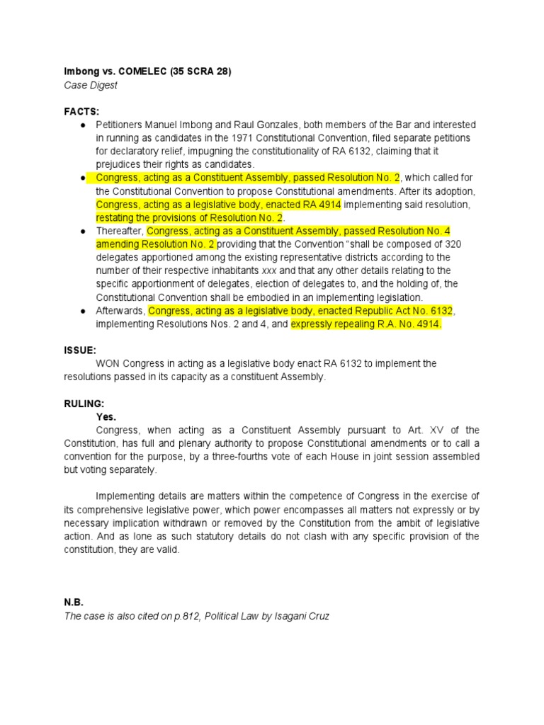 Case digest imbong vs comelec 35 scra 28 pdf american