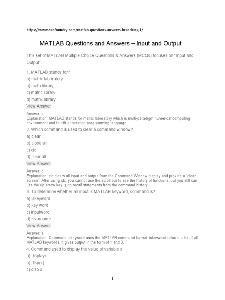 MATLAB Questions and Answers Input and Output PDF Matrix