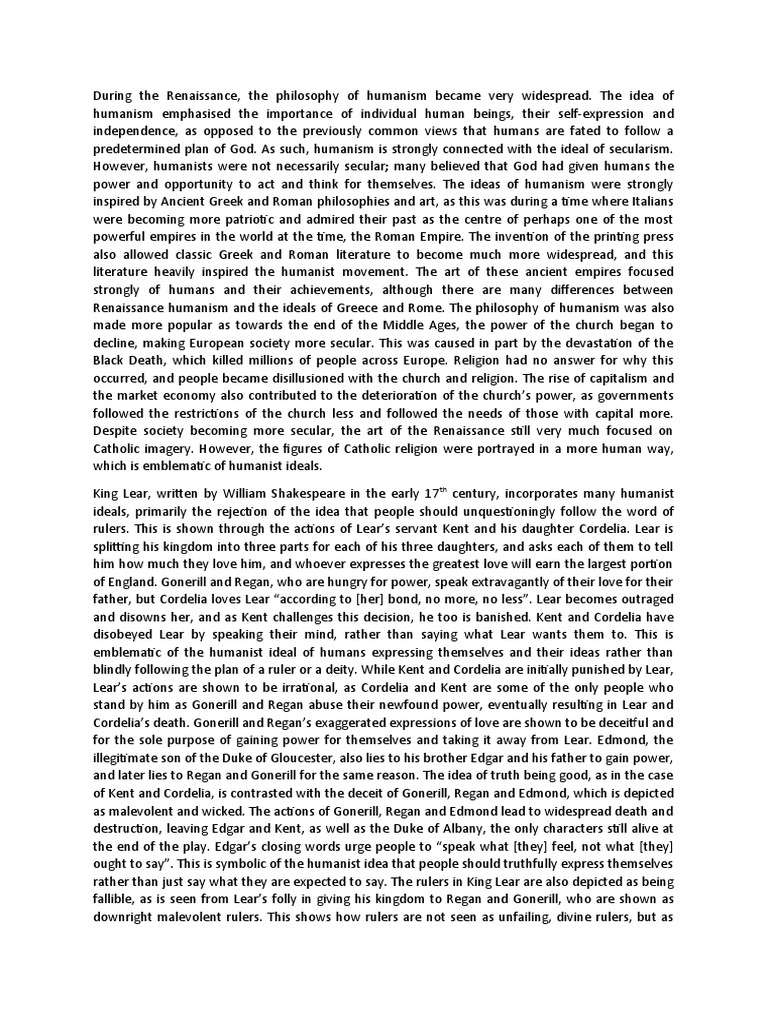 Renaissance Humanism PDF King Lear Humanism